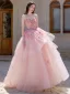 Flower Fairy Blushing Pink Appliques Prom Dresses 2025 Ball Gown Strapless Sleeveless Backless Floor-Length / Long Formal Dresses