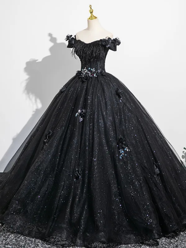 Bling Bling Black Rhinestone Sequins Appliques Prom Dresses 2025 Ball Gown Off-The-Shoulder Tassel Short Sleeve Backless Floor-Length / Long Formal Dresses