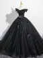 Bling Bling Black Rhinestone Sequins Appliques Prom Dresses 2025 Ball Gown Off-The-Shoulder Tassel Short Sleeve Backless Floor-Length / Long Formal Dresses