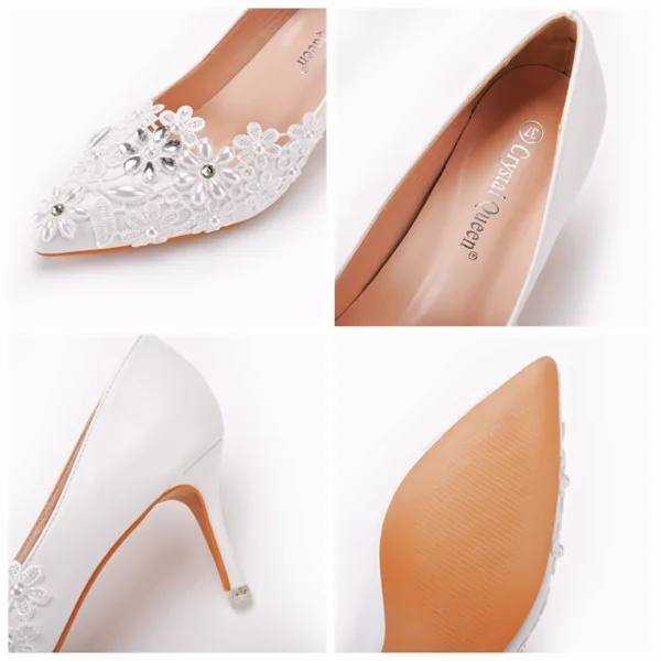 Elegant White Lace Flower Wedding Shoes 2022 Pearl Rhinestone 7 cm Stiletto Heels Pointed Toe Wedding Pumps High Heels