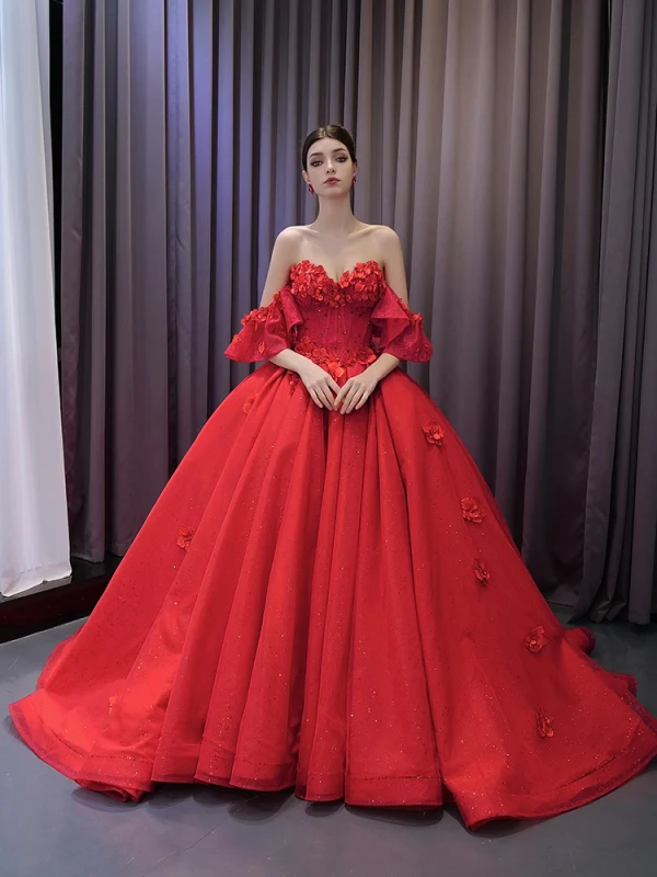 Luxury Gorgeous Red Glitter Wedding Dresses 2024 Pearl Rhinestone Appliques Prom Ball