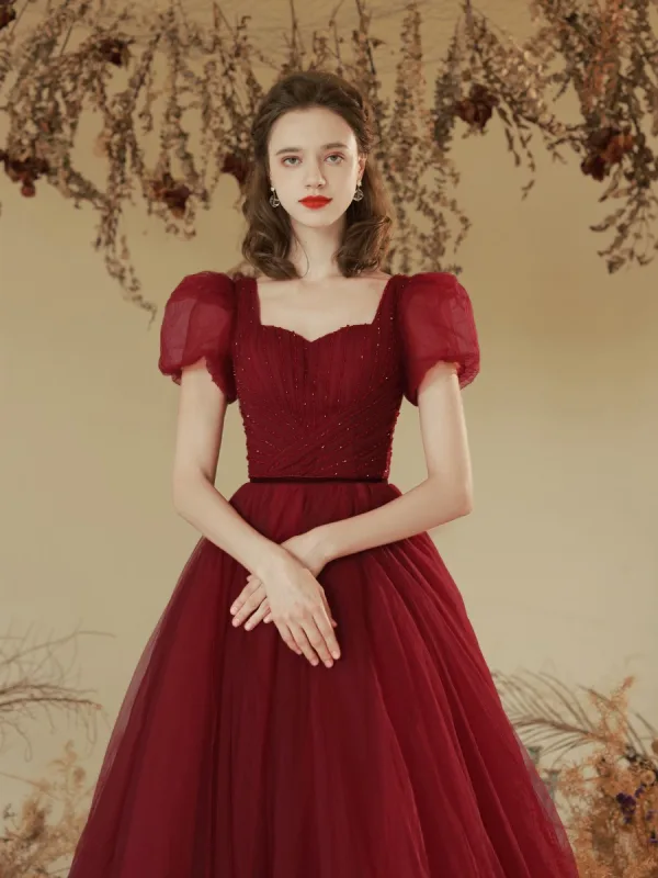 Modest / Simple Burgundy Beading Formal Dresses 2022 A-Line / Princess Square Neckline Puffy Short Sleeve Backless Floor-Length / Long Prom Prom Dresses