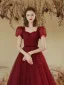 Modest / Simple Burgundy Beading Formal Dresses 2022 A-Line / Princess Square Neckline Puffy Short Sleeve Backless Floor-Length / Long Prom Prom Dresses