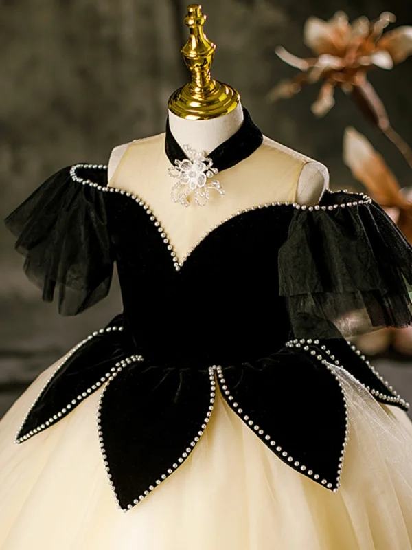 Fashion Black Pearl Flower Birthday Flower Girl Dresses 2023 Ball Gown High Neck Short Sleeve Floor-Length / Long