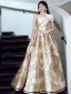 Fashion Blushing Pink Printing Prom Dresses 2024 A-Line / Princess Bow Strapless Sleeveless Backless Floor-Length / Long Prom Formal Dresses