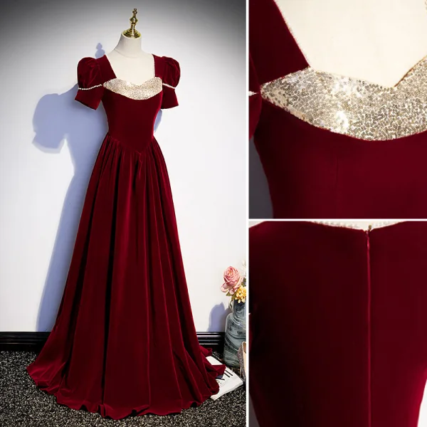 Elegant Burgundy Suede Prom Dresses 2023 A-Line / Princess Square Neckline Pearl Sequins Short Sleeve Floor-Length / Long Prom Formal Dresses