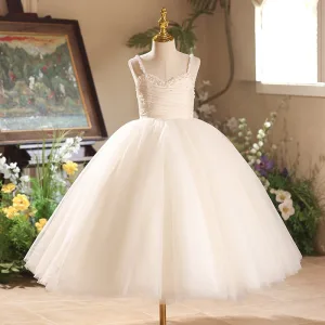 Élégant Blanche Perle Mariage Robe Ceremonie Fille 2026 Robe Boule Bretelles Spaghetti Sans Manches Dos Nu Thé Longueur