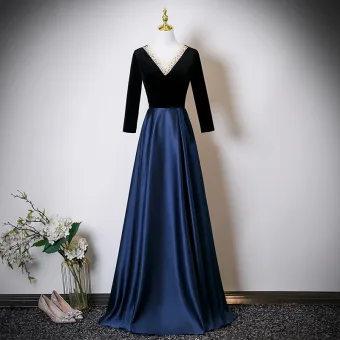 Vintage Originale Bleu Marine Faux Diamant Satin Robe De Bal 2025 Princesse V Cou Manches Longues Dos Nu Longue Robe De Ceremonie