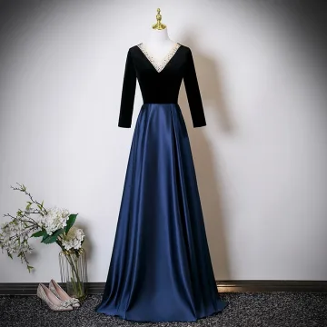 Vintage Donkerblauwe Rhinestone Satijn Galajurken 2025 A Lijn V Hals Lange Mouwen Ruglooze Lange Gelegenheid Jurken