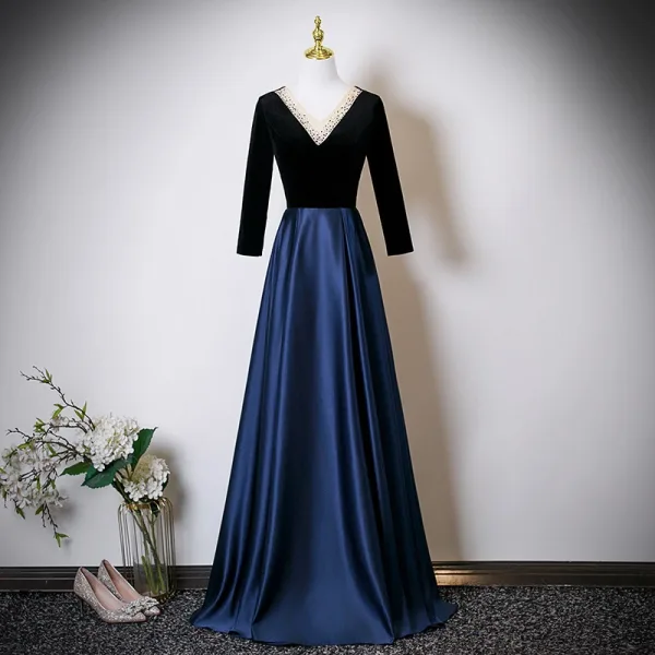 Vintage / Retro Navy Blue Rhinestone Satin Prom Dresses 2025 A-Line / Princess V-Neck Long Sleeve Backless Floor-Length / Long Formal Dresses Vintage / Retro Navy Blue Rhinestone Satin Prom Dresses 2025 A-Line / Princess V-Neck Long Sleeve Backless Floor-Length / Long Formal Dresses