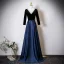 Vintage / Retro Navy Blue Rhinestone Satin Prom Dresses 2025 A-Line / Princess V-Neck Long Sleeve Backless Floor-Length / Long Formal Dresses