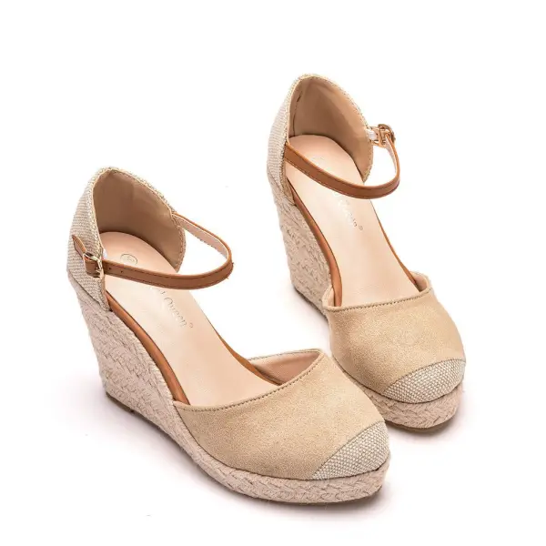 Chic / Beautiful Beige Suede Street Wear Braid Womens Sandals 2023 9 cm Wedges Round Toe Sandals Womens Shoes