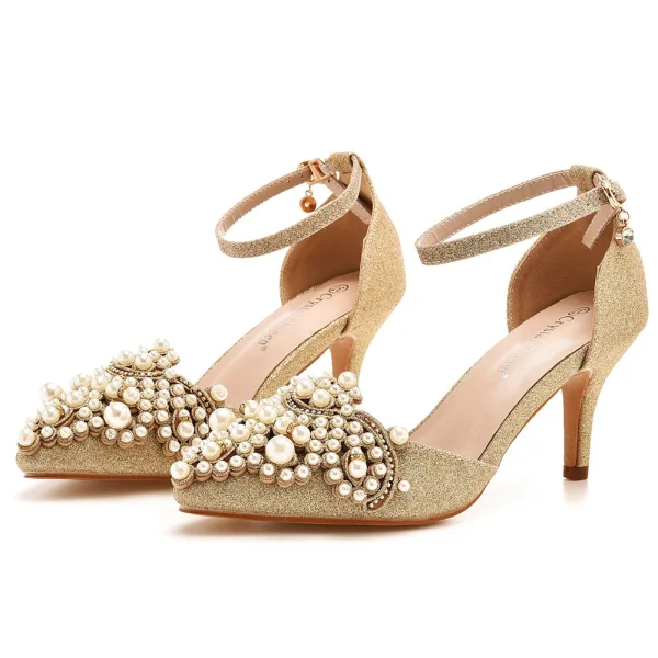 Charmant Bling Bling Doré Perle Faux Diamant Chaussure De Mariée 2023 Bride Cheville 7 cm Talons Aiguilles À Bout Pointu Mariage Talons Hauts