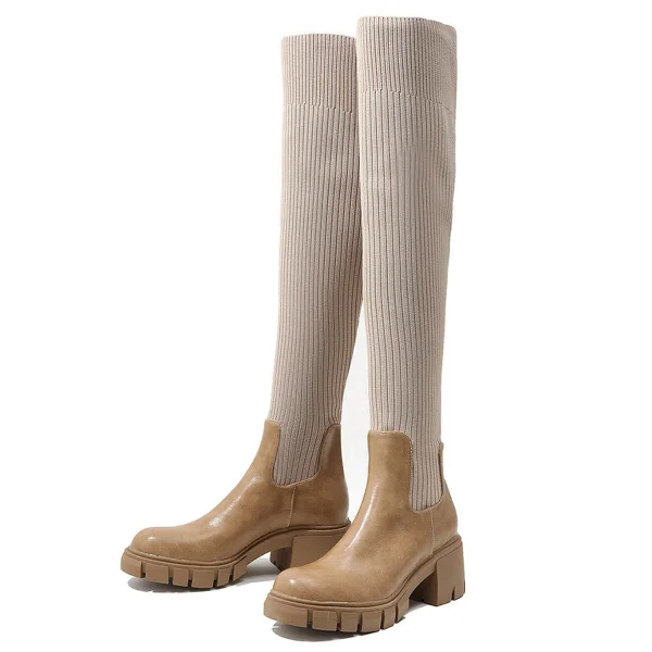 Fashion Brown Fall Winter Street Wear Sock Boots 2023 6 cm Thick Heels Round Toe Womens Boots