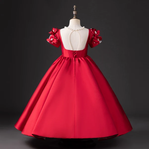 Chic / Beautiful Red Satin Birthday Flower Girl Dresses 2024 Pearl Scoop Neck Short Sleeve Bow Backless Floor-Length / Long