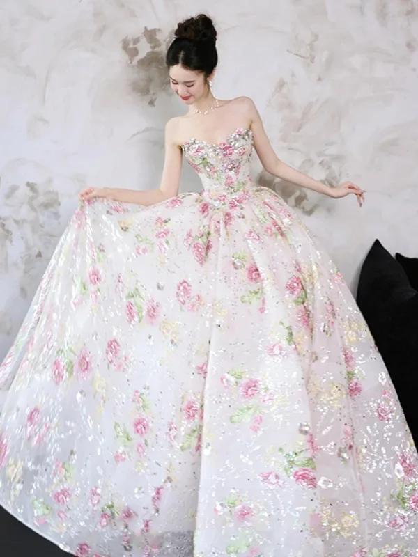 Flower Fairy Bling Bling White Sequins Flower Wedding Dresses 2025 Ball Gown Strapless Sleeveless Backless Floor-Length / Long Tulle