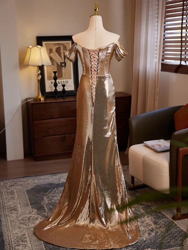 Glitzernden Sexy Champagner Pailletten Gespaltete Front Abendkleider 2024 Meerjungfrau Off Shoulder Kurze Ärmel Rückenfreies Sweep / Pinsel Zug Abend Festliche Kleider