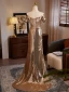 Glitzernden Sexy Champagner Pailletten Gespaltete Front Abendkleider 2024 Meerjungfrau Off Shoulder Kurze Ärmel Rückenfreies Sweep / Pinsel Zug Abend Festliche Kleider