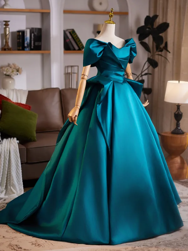 Vintage / Retro Ink Blue Satin Prom Dresses 2025 Ball Gown Off-The-Shoulder Short Sleeve Backless Sweep Train Formal Dresses