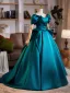 Vintage / Retro Ink Blue Satin Prom Dresses 2025 Ball Gown Off-The-Shoulder Short Sleeve Backless Sweep Train Formal Dresses