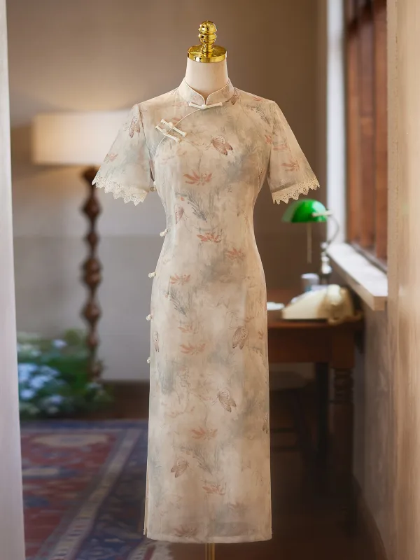 Chinese style Beige Printing Tea-length Cheongsam 2025 Trumpet / Mermaid High Neck Short Sleeve Evening Party Cheongsam / Qipao