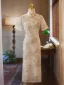 Chinese style Beige Printing Tea-length Cheongsam 2025 Trumpet / Mermaid High Neck Short Sleeve Evening Party Cheongsam / Qipao