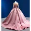 High-end Vintage / Retro Candy Pink Beading Pearl Sequins Prom Dresses 2022 Satin Ball Gown Scoop Neck Long Sleeve Backless Court Train Prom Formal Dresses