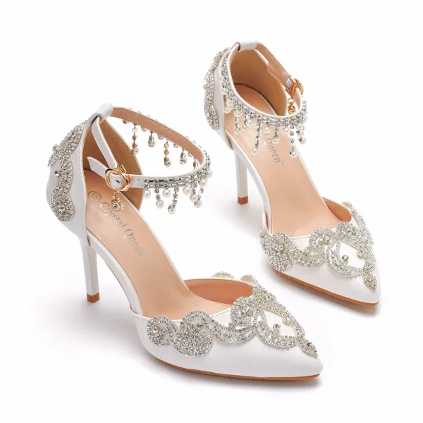 Fashion White Pearl Rhinestone Wedding Shoes 2022 Ankle Strap 9 cm Stiletto Heels Pointed Toe Wedding High Heels