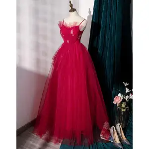 Charmant Rouge Robe De Soirée 2022 Princesse Bretelles Spaghetti Sans Manches Dos Nu Longue Promo Robe De Ceremonie