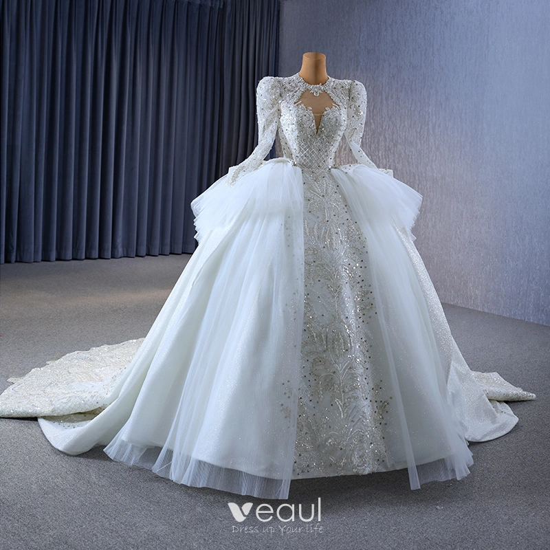 Luxury Long Sleeves Scoop Beading Sparkle Ball Gown Wedding Dress