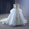 Luxury / Gorgeous Sparkly White Handmade  Beading Pearl Rhinestone Sequins Cascading Ruffles Wedding Dresses 2023 Ball Gown Scoop Neck Long Sleeve Backless