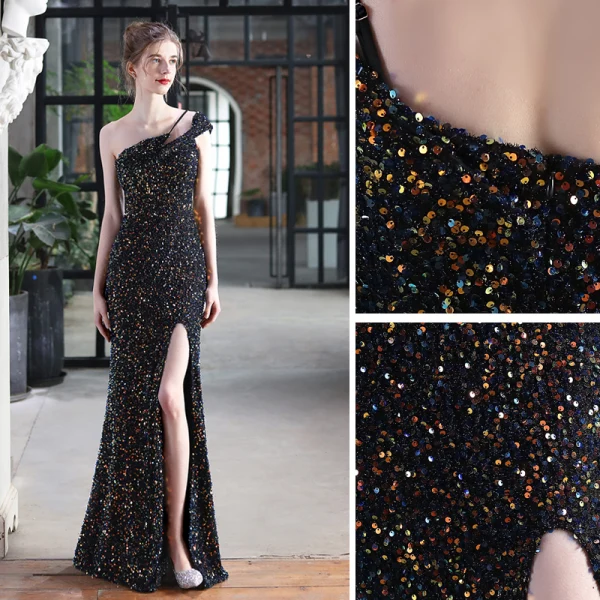 Scintillantes Noire Paillettes Robe De Soirée 2022 Trompette / Sirène Une épaule Sans Manches Dos Nu Longue Soirée Robe De Ceremonie