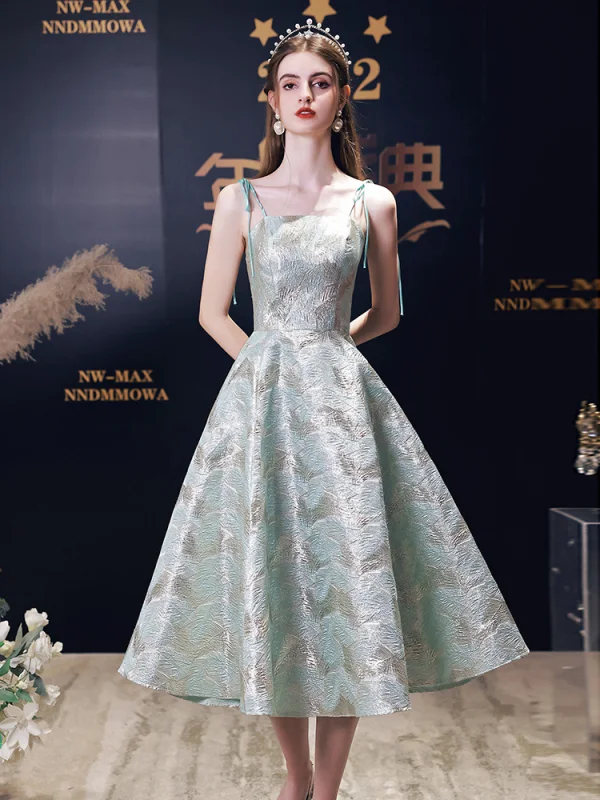 open lace back dress Tea Length Half Sleeves Green Prom Dress Short Party Dress PSK362 US2 / Green