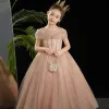 Elegant Champagne Glitter Birthday Flower Girl Dresses 2024 Ball Gown Scoop Neck Short Sleeve Floor-Length / Long