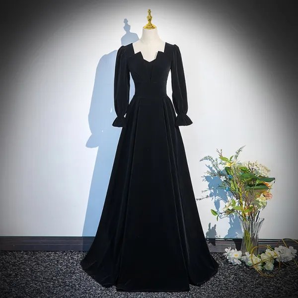 Vintage / Retro Black Winter Velvet Prom Dresses 2024 A-Line / Princess Square Neckline Long Sleeve Backless Floor-Length / Long Prom Formal Dresses
