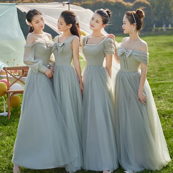 Modest / Simple Mint Green Bow Bridesmaid Dresses 2022 A-Line / Princess Short Sleeve Backless Floor-Length / Long Wedding Party Dresses