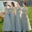 Modest / Simple Mint Green Bow Bridesmaid Dresses 2022 A-Line / Princess Short Sleeve Backless Floor-Length / Long Wedding Party Dresses