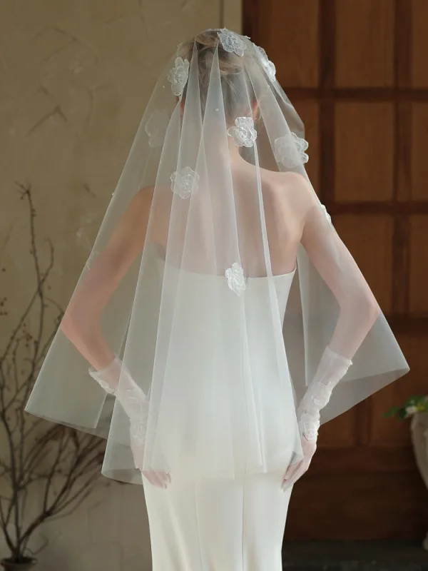 Élégant Blanche En Dentelle Fleur Voile De Mariée Gants Mariage Voile De Mariée 2025 Tulle