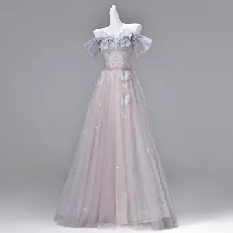 Bling Bling Lavender Lace Butterfly Appliques Sequins Evening Dresses 2026 A Line Princess Off The Shoulder Short Sleeve Backless Floor Length Long Formal Dresses