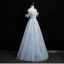 Chic / Beautiful Sky Blue Beading Appliques Prom Dresses 2024 A-Line / Princess Off-The-Shoulder Sleeveless Backless Floor-Length / Long Prom Formal Dresses