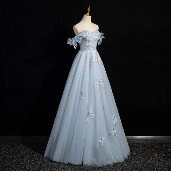 Chic / Beautiful Sky Blue Beading Appliques Prom Dresses 2024 A-Line / Princess Off-The-Shoulder Sleeveless Backless Floor-Length / Long Prom Formal Dresses