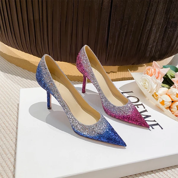 Sparkly Ocean Blue Sequins Evening Party Pumps 2023 Leather 8 cm Stiletto Heels Pointed Toe Pumps High Heels