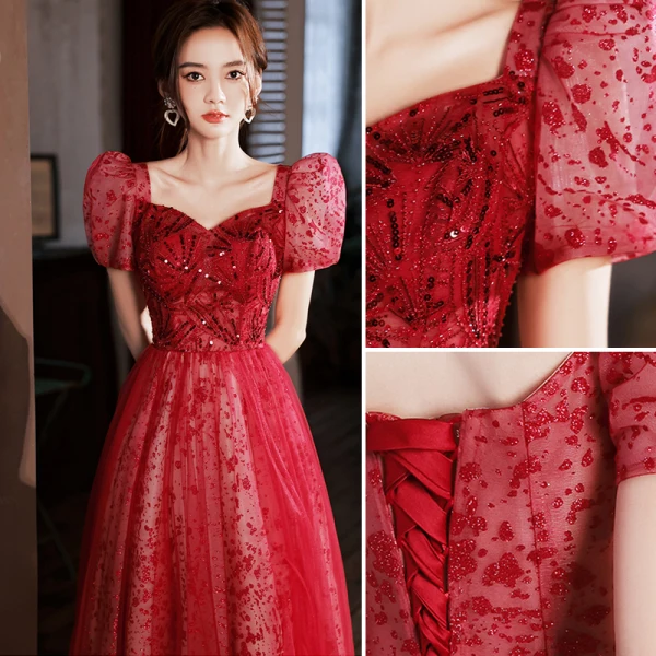 Chic / Belle Bordeaux Paillettes Robe De Soirée 2022 Princesse Encolure Carrée Gonflée Manches Courtes Dos Nu Longue Soirée Robe De Ceremonie