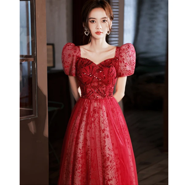 Chic / Belle Bordeaux Paillettes Robe De Soirée 2022 Princesse Encolure Carrée Gonflée Manches Courtes Dos Nu Longue Soirée Robe De Ceremonie
