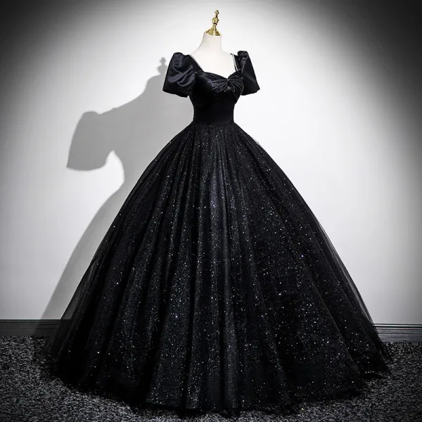 Elegant Black Glitter Prom Dresses 2025 Ball Gown Square Neckline Bow Short Sleeve Backless Floor-Length / Long Prom Formal Dresses