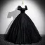 Elegant Black Glitter Prom Dresses 2025 Ball Gown Square Neckline Bow Short Sleeve Backless Floor-Length / Long Prom Formal Dresses