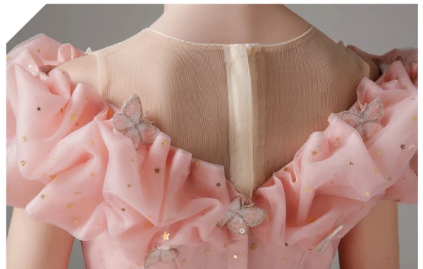 Chic / Beautiful Blushing Pink Sequins Flower Girl Dresses 2023 Ball Gown Off-The-Shoulder Short Sleeve Floor-Length / Long Prom