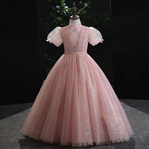 Chic / Beautiful Grey Glitter Pearl Sequins Flower Girl Dresses 2022 Ball Gown High Neck Puffy Short Sleeve Floor-Length / Long Prom Flower Girl Dresses