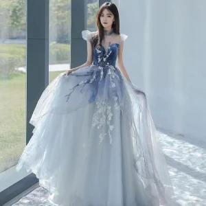 Chic Belle Bleu Ciel Robe De Bal 2022 Princesse Col Haut Perlage Perle Paillettes En Dentelle Fleur Sans Manches Longue Robe De Ceremonie