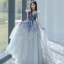 Chic / Beautiful Sky Blue Prom Dresses 2022 A-Line / Princess High Neck Beading Pearl Sequins Lace Flower Sleeveless Floor-Length / Long Formal Dresses